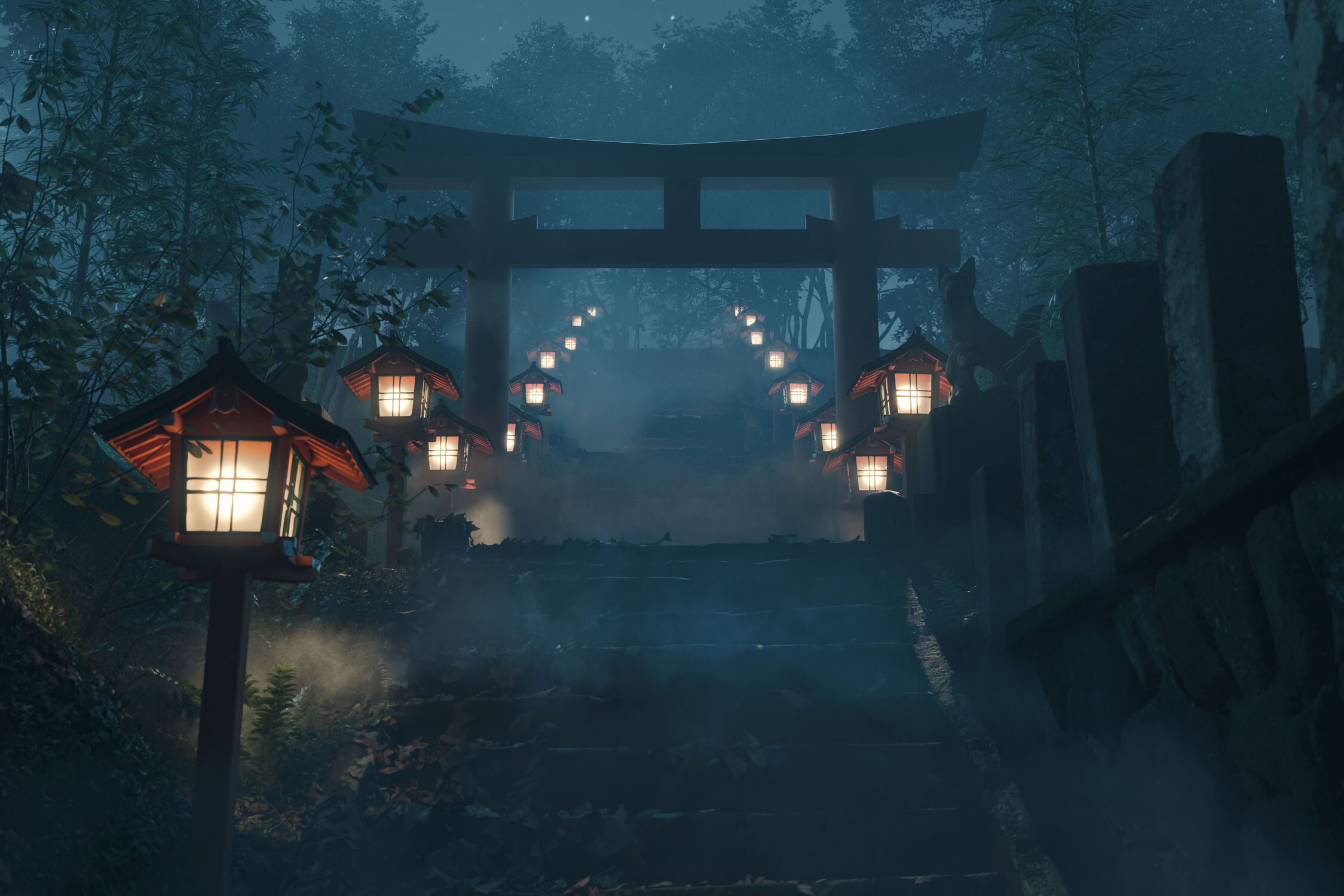 Bild mit Natur, Nebel, Wald, Wald, Nacht, Religion, JAPAN, Schrein, Shinto, torii