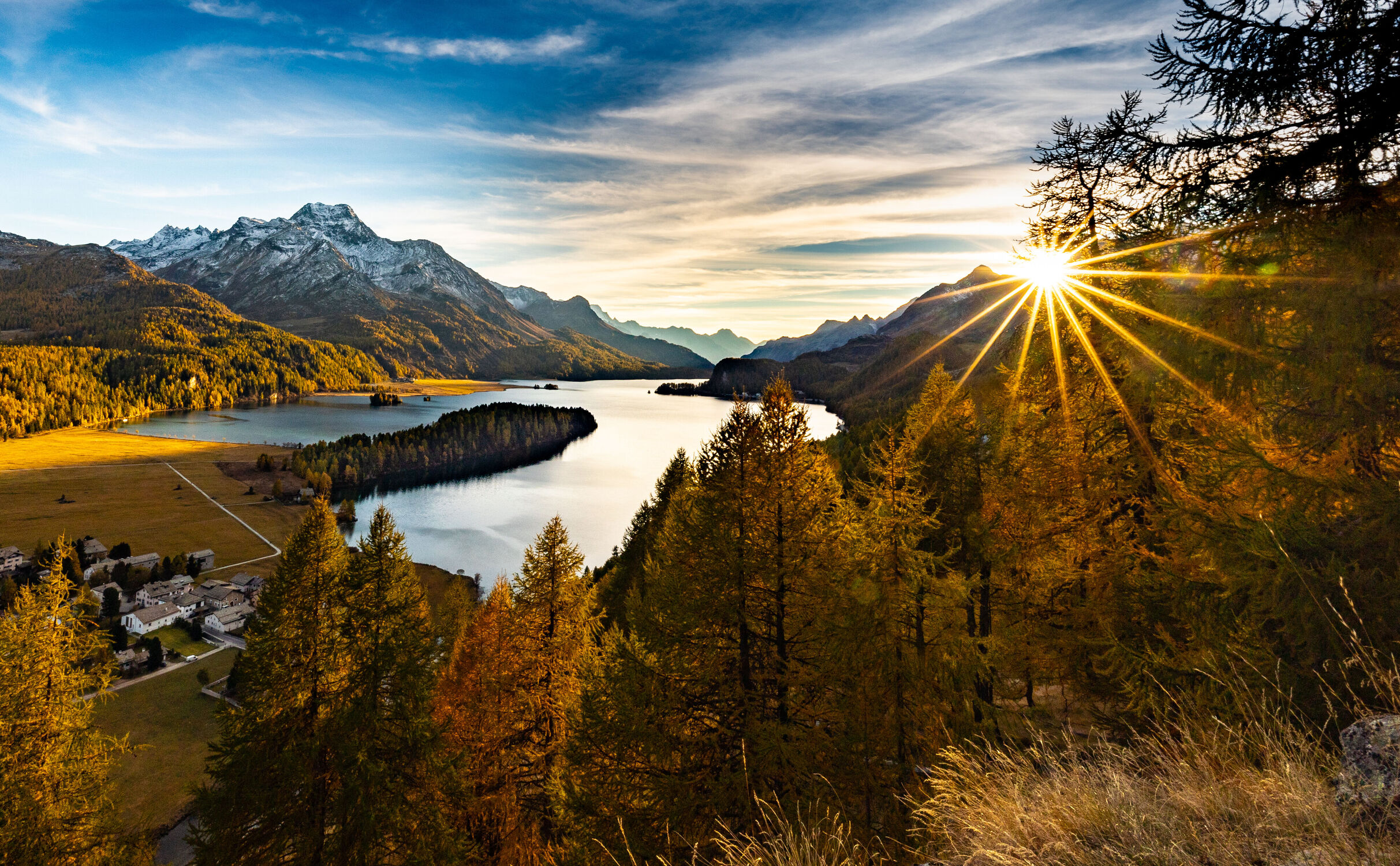 Bild mit Landschaften, Lärchen, Seen, Herbst, Tageslicht, Landschaften im Herbst, Schweiz, Engadin
