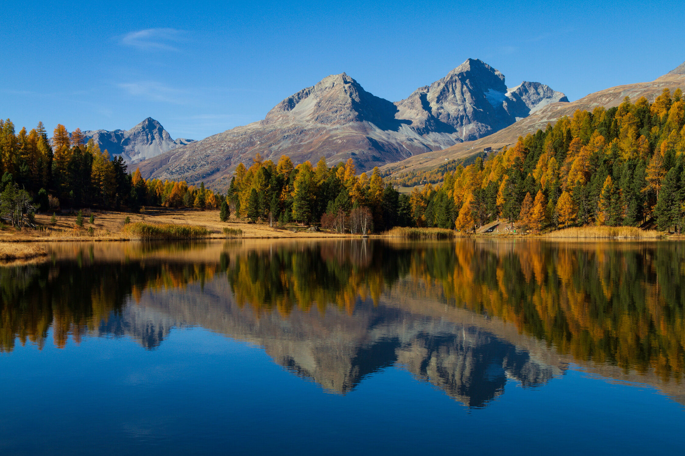 Bild mit Berge, Lärchen, Blau, Panorama, Bergsee, Spiegelung, Reflektionen im Wasser, Bergpanorama, Herbstfärbung