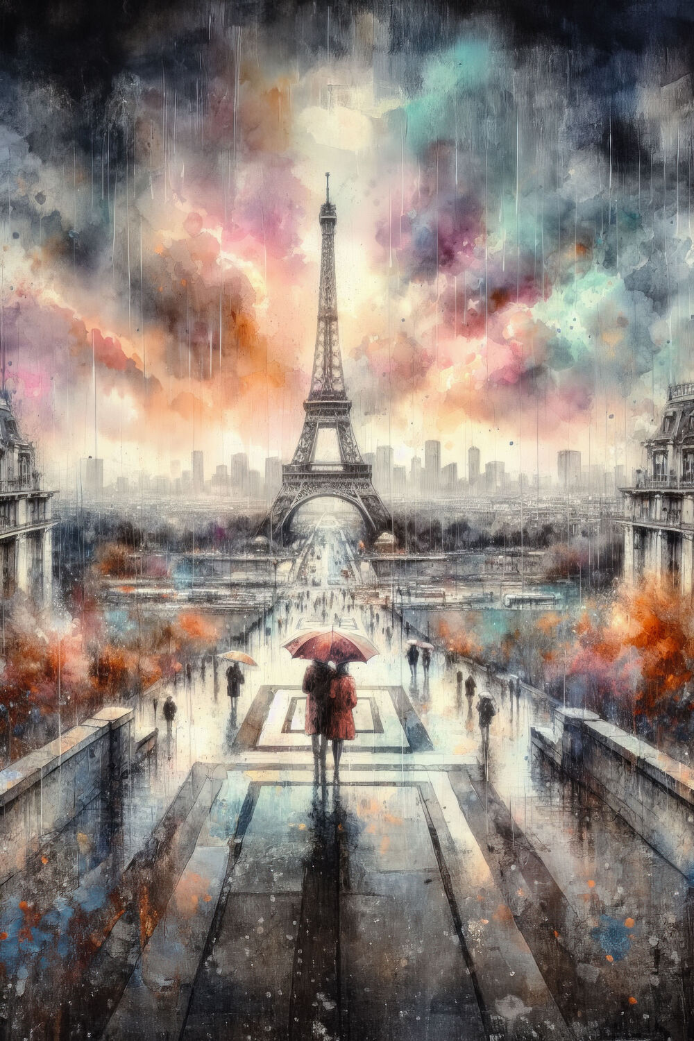 Bild mit Wolken, Paris Eiffel Tower, Eiffelturm, Paris, Regen, Liebespaar, Stimmung