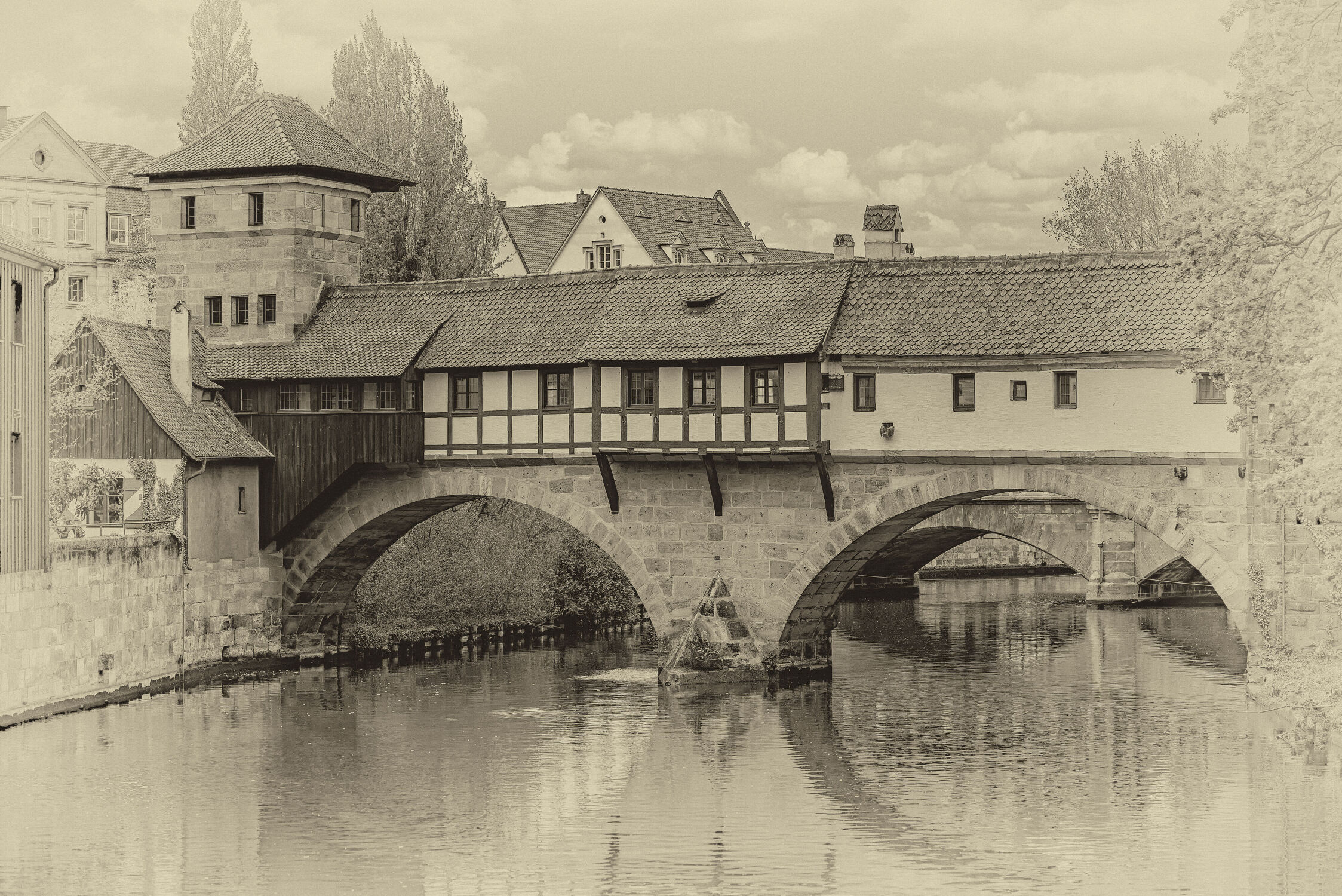 Bild mit Wasser, Jahreszeiten, Frühling, Gebäude, Häuser, Brücke, Fluss, nürnberg, historische Bauten, Pegnitz