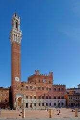 Bild mit Urlaub, Italien, Reisen, Toskana, Europa, Platz, berühmtes Bauwerk, Palazzo Pubblico, Piazza del Campo, Siena