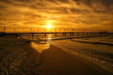 Bild mit Sand, Sunset, Beach, landscape, romance, sea, Pier, coast, horizon, baltic sea