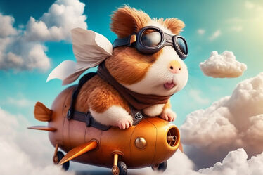 Bild mit Himmel, Wolken, Fliegen, Illustration, lustig, Flugzeug, flieger, meerschweinchen, cool, Pilot