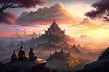 Bild mit Sonnenuntergang, Landschaft, Ruhe, Tempel, spiritualität, Gelassenheit, orange Wolken, hoher Berg, Felsvorsprung, Chinesische Priester