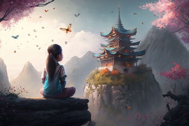 Bild mit Natur, Schmetterlinge, berg, mystisch, Tempel, Ruhig, Kultur, Felsvorsprung, Pfirsichblüten, Chinesisches Mädchen