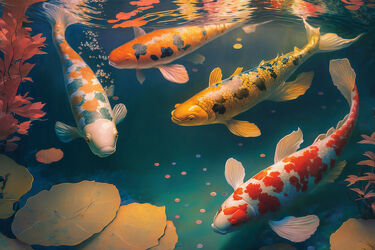 Bild mit Natur, Wasser, Kois, Teich, farbenfroh, Details, Frieden, harmonie, japanisch, klar