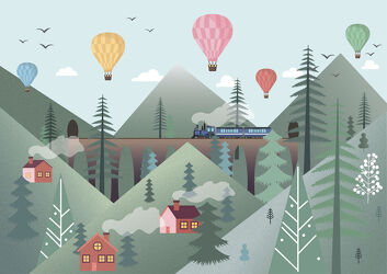 Bild mit Häuser, Wald, Wald Bild, Ballonfahrt, Eisenbahn, Eisenbahnbrücke, in den Bergen, Zug, luftballon, Heißluftballon