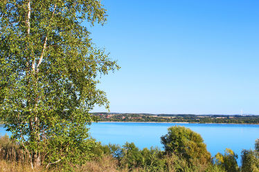Bild mit Gewässer, Birke, Landschaft, Seeblick, Blauer Himmel, See, Berzdorfer See, landscape, Blick über den See