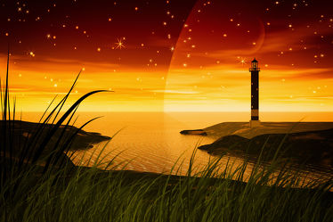 Bild mit Sonnenuntergang, Leuchttürme, Meer, Illustration, Wasserlandschaften, Design, Leuchtturm
