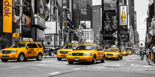 Bild mit Autos, Architektur, Straßen, Stadt, urban, New York, New York, monochrom, Colorkey, Staedte und Architektur, USA, schwarz weiß, hochhaus, wolkenkratzer, metropole, Straße, Hochhäuser, SW, Manhattan, Brooklyn Bridge, Yellow cab, taxi, Taxis, New York City, NYC, Gelbe Taxis, yellow cabs, Times Square, cabs