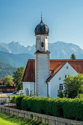 Bild mit Berge, Architektur, Sommer, Alpen, Landschaft, Kirche, Bayern, Sakralbau, blaues land, Wallgau
