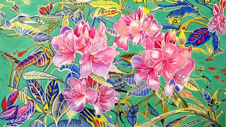 Bild mit Blätter, Handgemalt, Blütenzweige, Details, Rhododendron, rosarot, grüner Hintergrund