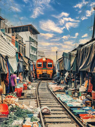Bild mit Transport, Züge, südostasien, Markt, Märkte, Thailand, Bangkok