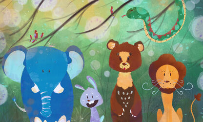 Bild mit Tiere, Wald, Märchenwald, Kinderbild, Kinderbilder, Kinderzimmer, Zoo, Elefant, Dschungel, waldtiere