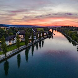 Bild mit Abendrot, Schlösser und Burgen, Wolkenhimmel, Rhein, Luftaufnahme, Drohnen, Thurgau